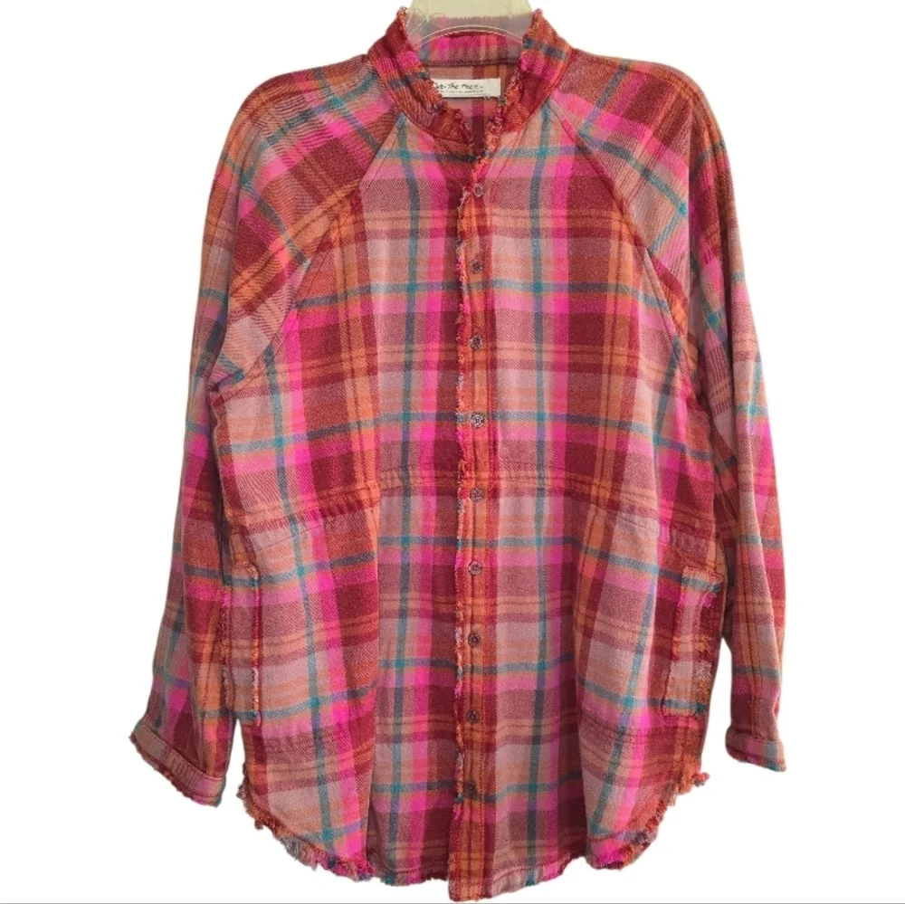 Free People Pink Red Plaid Button-Down Shirt